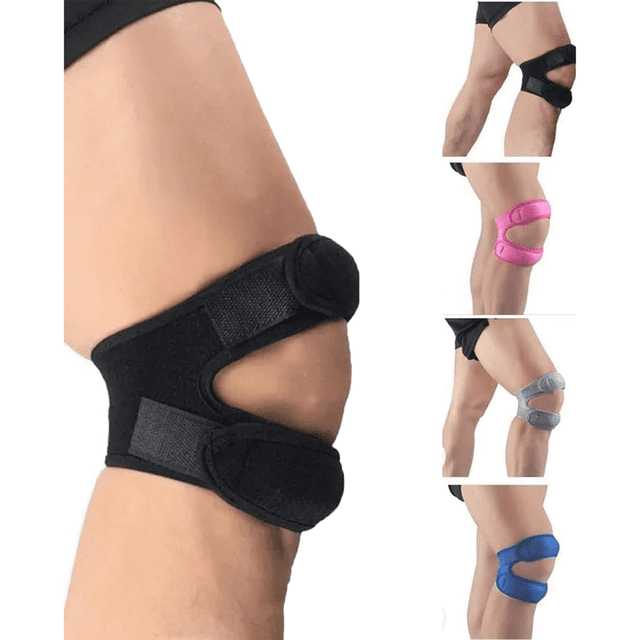 Knee Pain Relief & Patella Stabilizer Brace with dual patella knee straps in black neoprene material. Designed for stabilization and pressure relief, it helps alleviate knee pain and supports recovery. The image shows the brace worn on a leg, with additional color options like pink, gray, and blue displayed. Adjustable straps ensure a secure fit for various physical activities.