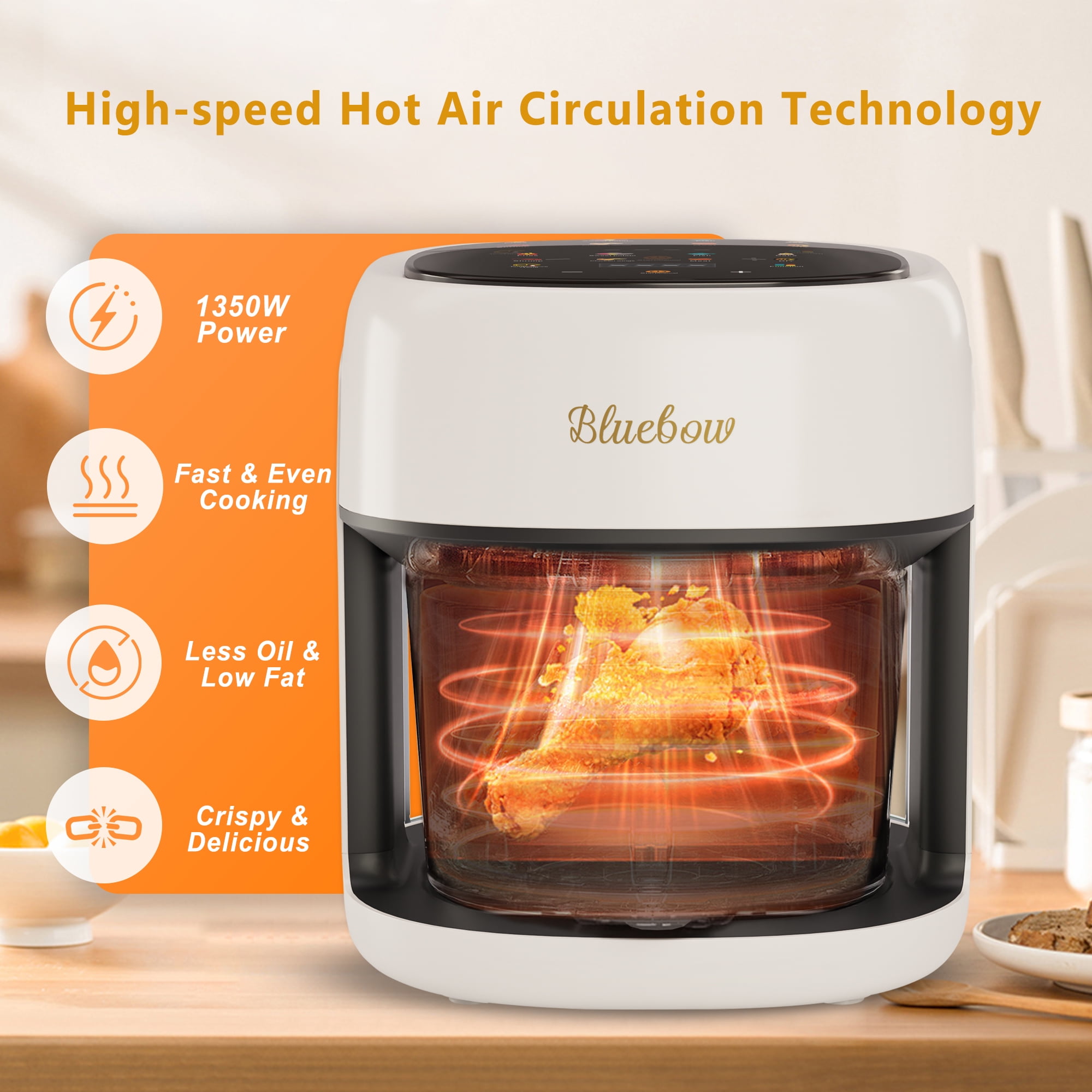 Bluebow 5 Quart Air Fryer with 360° Viewing Glass Pot, 8-in-1 Digital Touchscreen, Nonstick & Dishwasher Safe Basket, Less Oil, 1350W (White)