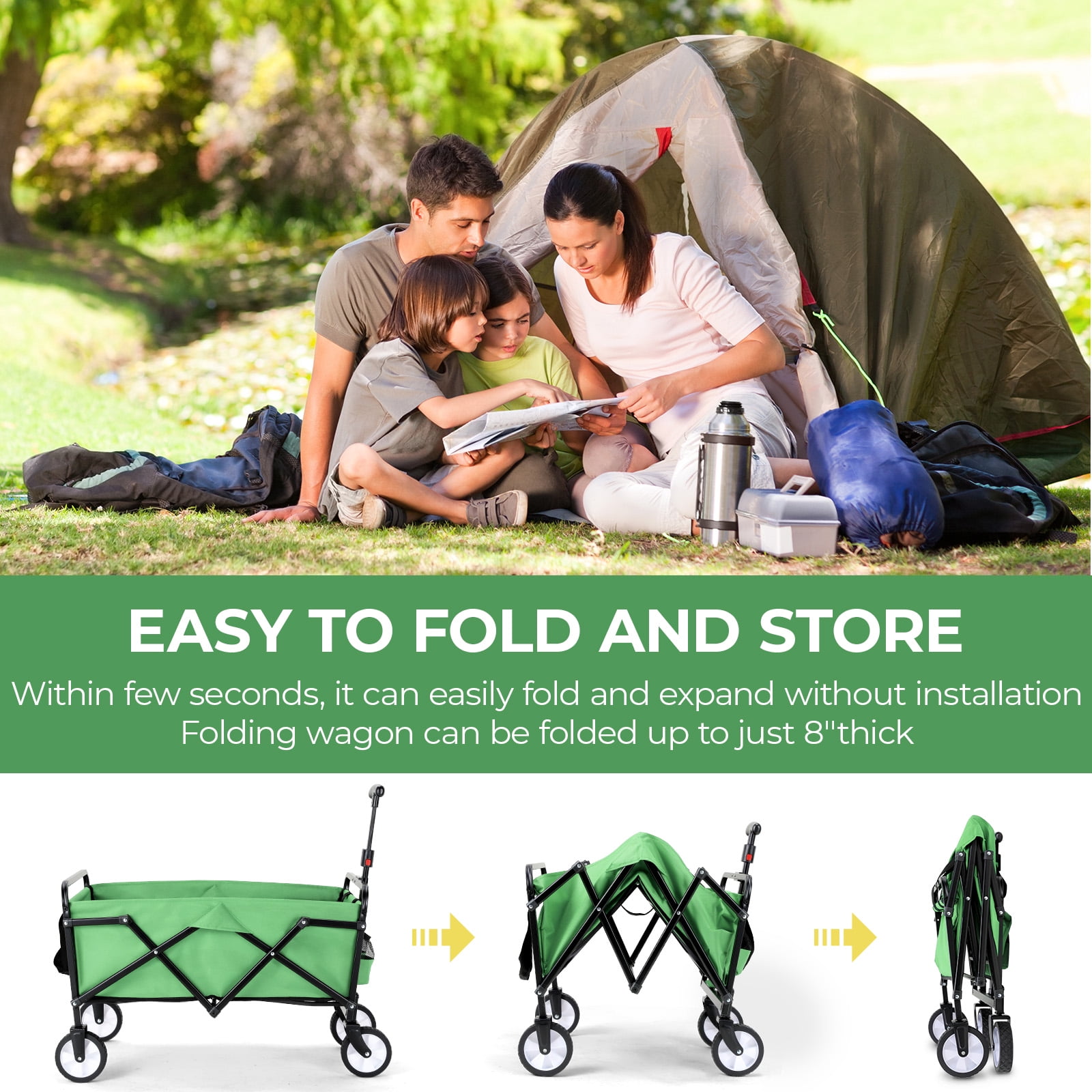 Pirecart Collapsible Wagon Cart with Wheels, Heavy Duty Foldable Wagon Cart 150lbs Capacity, W/360° Wheels, Carry Bag, for Camping, Beach, Garden, Sports