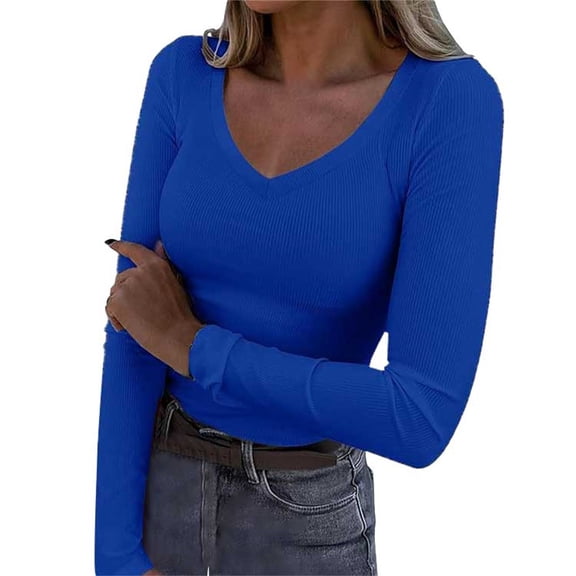 Long Sleeve Shirts For Women V Neck Ribbed Knit Casual Tops Tee Slim Basic Shirt Womens Long Sleeve Tops