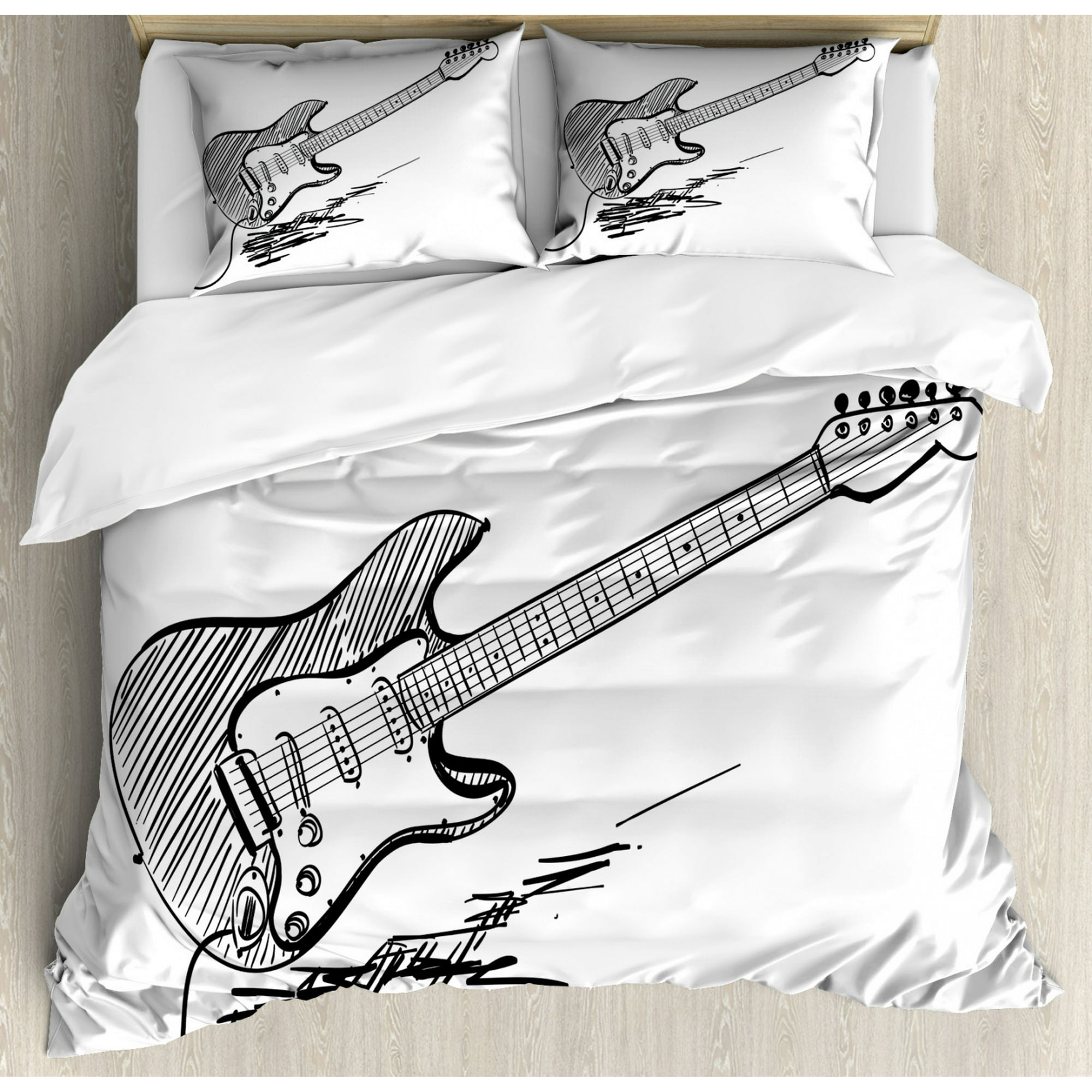 Guitar Duvet Cover Set King Size, Hand Drawn Style Electric Guitar on White  Backdrop Rock Music Accords Sketch Art, Decorative 3 Piece Bedding Set with  2 Pillow Shams, Black White, by Ambesonne -