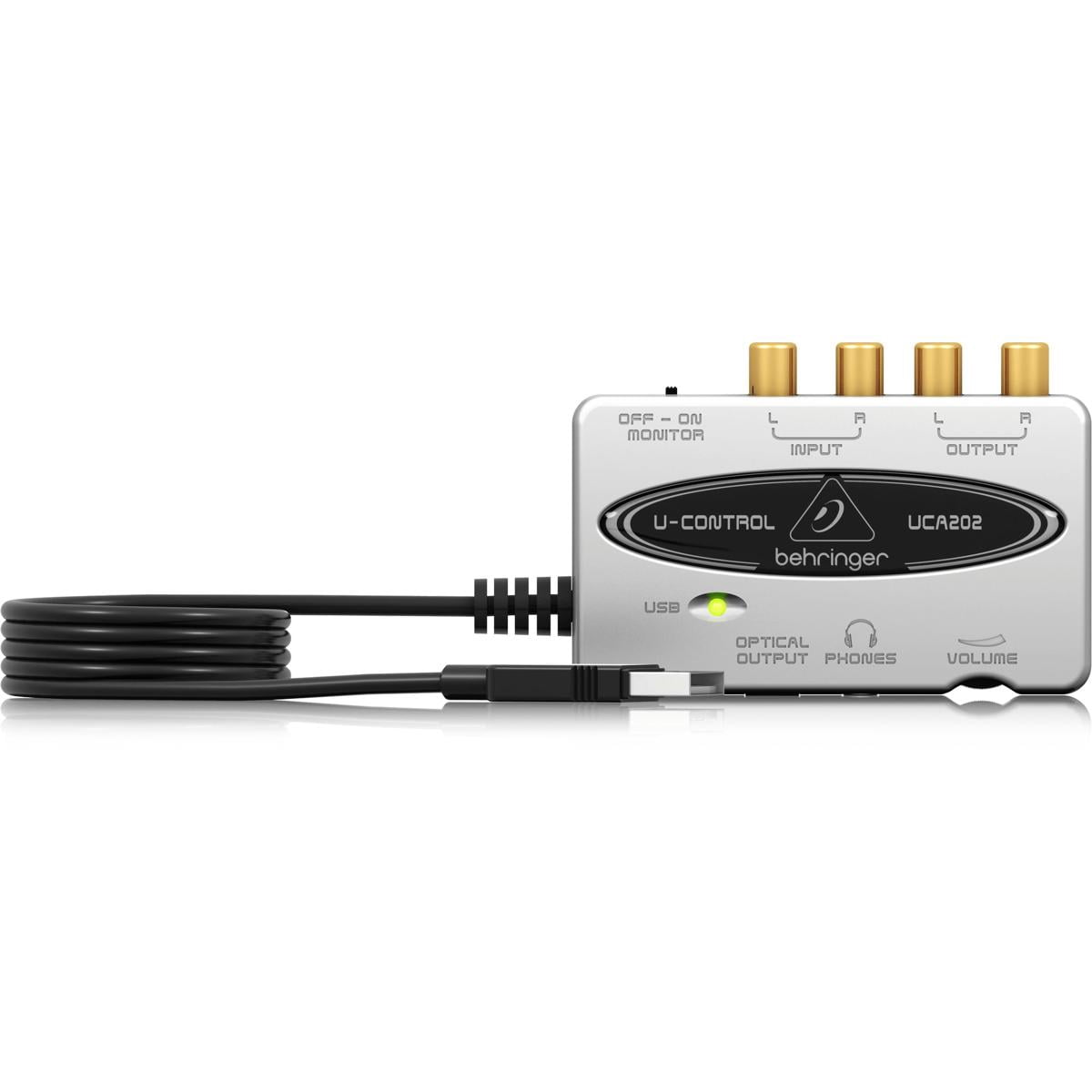 Behringer UCA202 Ultra-Low Latency 2-In/2 Out USB/Audio Interface with Digital Output Bundle WIth Studio Monitor Headphones, Hard Carry Case, RCA Male to 2 RCA Male Stereo Audio Cable 10'