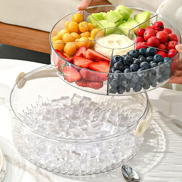Bandeja de Fruta Fresca de Cinco Compartimentos con Asa, Portátil, Circular, con Tapa, Ideal para Picnics y Camping.