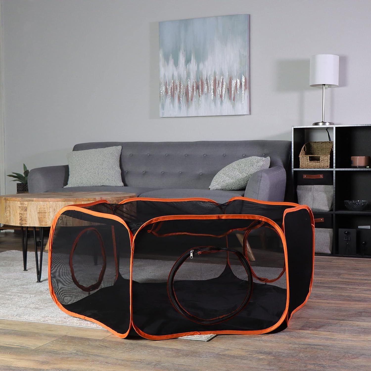 Dog Playpen Indoor Outdoor 4 Foot  Tent with Exercise Tunnel - Orange   Travel Playpen for Puppies, Kittens, Rabbits, Guinea Pigs, and Small Pets - Portable Enclosed Mesh Pen with