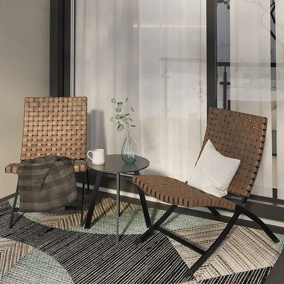 Yangming 3 Piece Rattan Patio Chairs, Foldble Balcony Furniture Set with Outdoor Lounge Seating and Side Table,Brown
