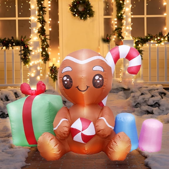 KINQUINN 6 ft Long Gingerbread Inflatable with LED Lights, blow-up Decor with Gift Box & Candy for Lawn Garden Holiday Party