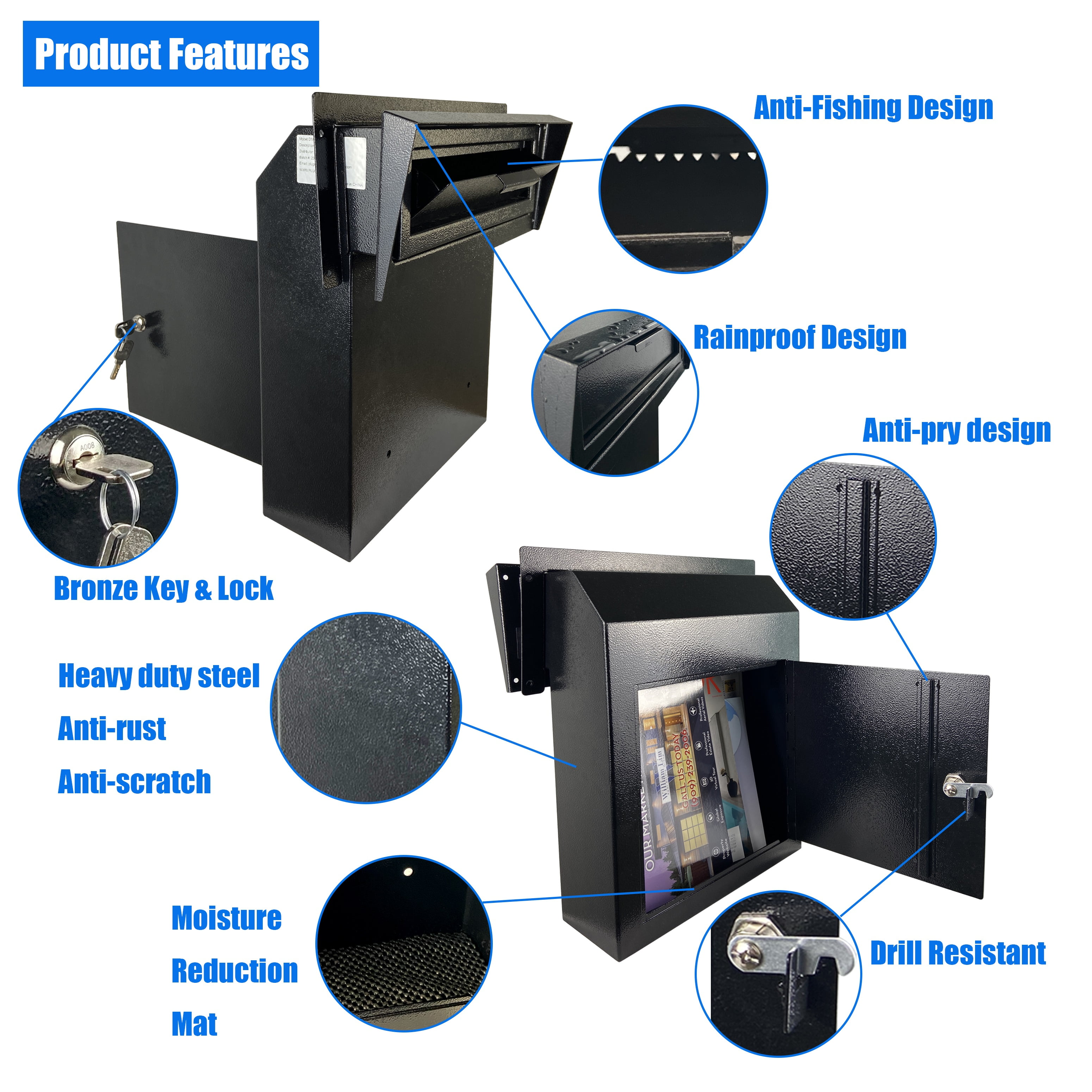 Plugsharge Rainproof Heavy Duty Mailbox Door Drop Box, Galvanized Steel Weatherproof Locking Metal Mailbox Door Mounted for Keys, Deposit, Payment, Mails, Through The Door Safe Mail Drop Box, Black