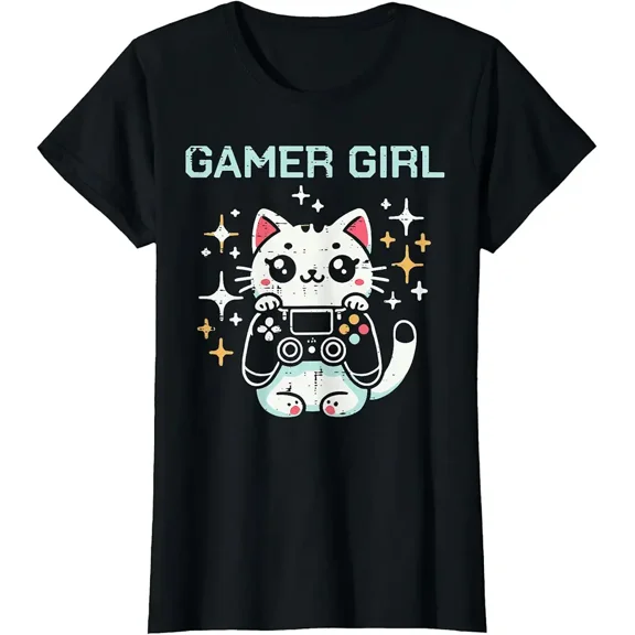 Gamer Girl Cat Kitten Cute Gaming Kitty Girls Kids Women Unisex T-Shirt, up to Size 5XL