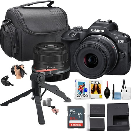 Canon EOS R100 Mirrorless Camera w/18-45mm Lens + 64GB Sandisk Ultra Memory Card + Camera Case + More (15pc Bundle)