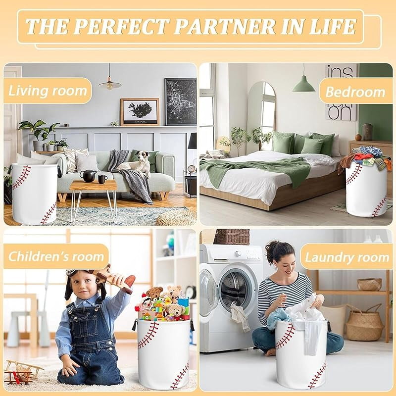 Baseball Texture Laundry Hamper Bag With Waterproof Liner - Round Laundry Basket Foldable Clothes Storage Organizer For Bathroom Bedroom Nursery Dorm