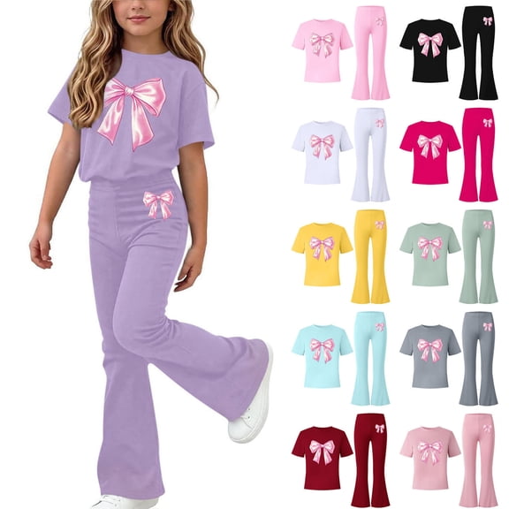 Rvasteizo Girls Summer Set Print Crew Neck Short Sleeve Tee and Fashion Casual Long Pants 2 Piece Set for Kids 5-15 Years