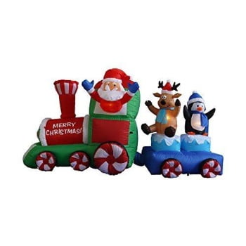 7 Foot Long Christmas Inflatable Santa Claus on Train with Penguin Reindeer Decoration