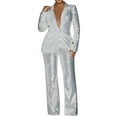 thumbnail image 1 of Ensemble de Costumes pour Femmes Pantalon en Lin à Sequins Ensemble de 2 Pcs Costumes de Mariage pour Femmes Élégant Col Cranté Ajusté Blazers Formels pour Femmes, 1 of 7