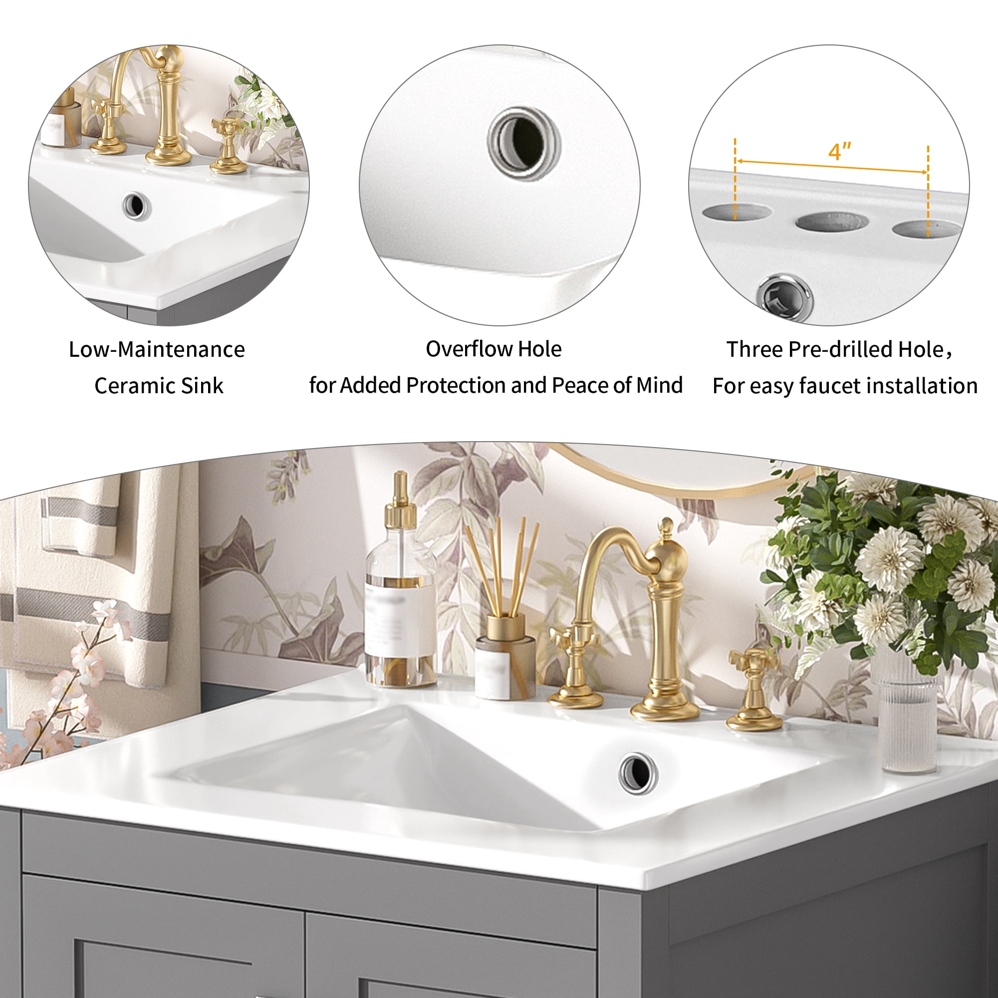 Euroco 48-Inch Bathroom Vanity with Integrated Undermount Sink, Storage Cabinet, Soft-Close Doors, Divided Drawer, and Double-Layer Door Shelf for Versatile Storage