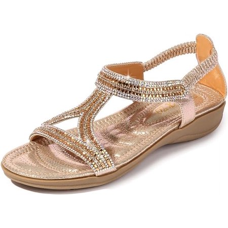 

XWQYRG Sandals for Women Flats Shoes with Bohemian Rhinestone Comfortable Womens Beach Sandal Elastic Ankle Strap Slip On Summer Sandal