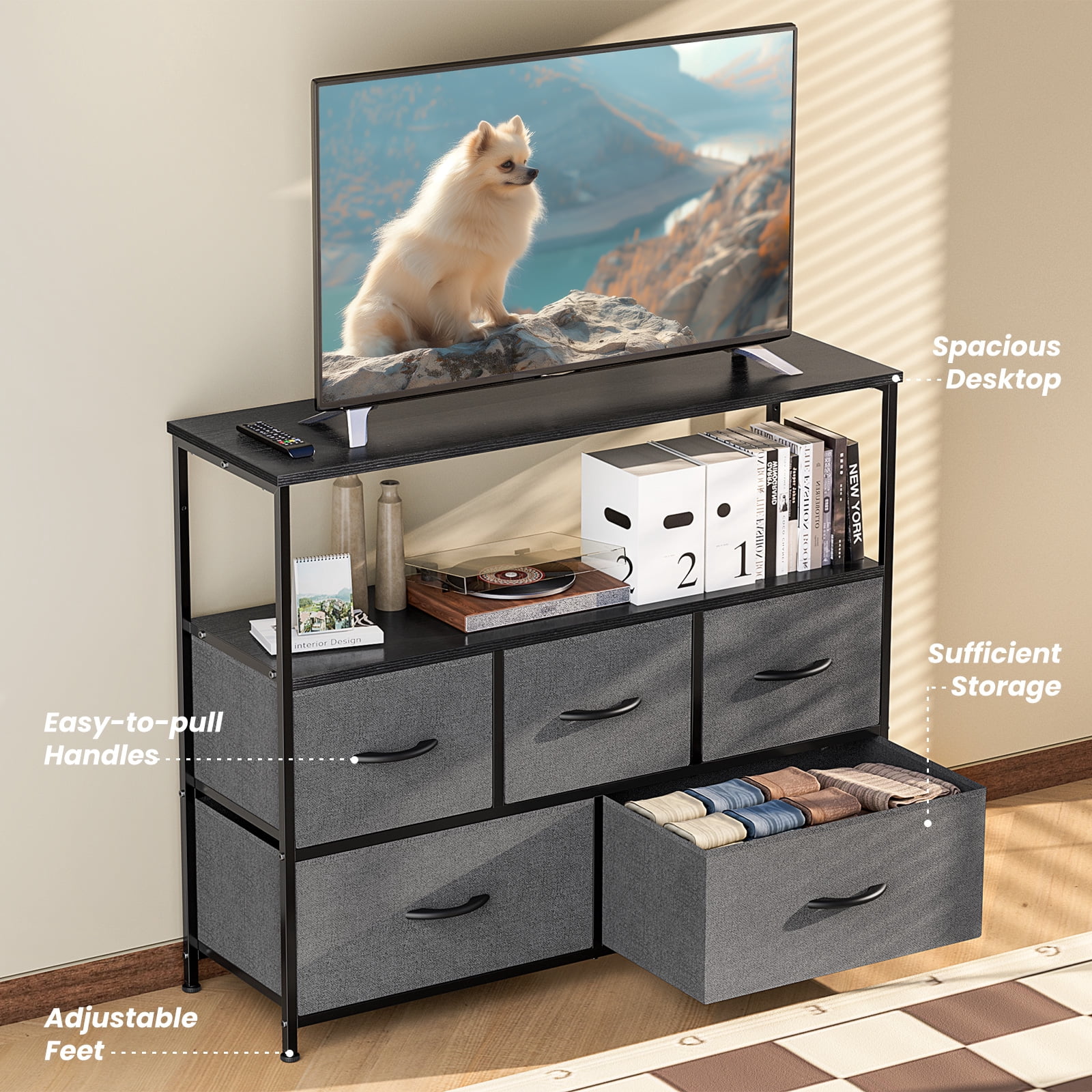 CONCETTA TV Stand with 5 Drawer Dresser for Bedroom, Storage Cabinet with 55 Inch TV Stand for Living Room, Gray