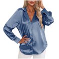 thumbnail image 4 of AKOEE Womens Button Down Satin Shirt Office Work Dressy Casual Lapel Collared Shirts Long Sleeve Business Silk Tops (Small, Blue 01), 4 of 5