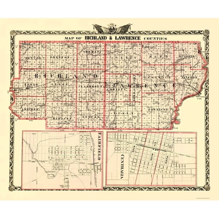 Historic County Map- Richland Lawrence Counties Illinois - Warner 1870 - Vintage Wall Art