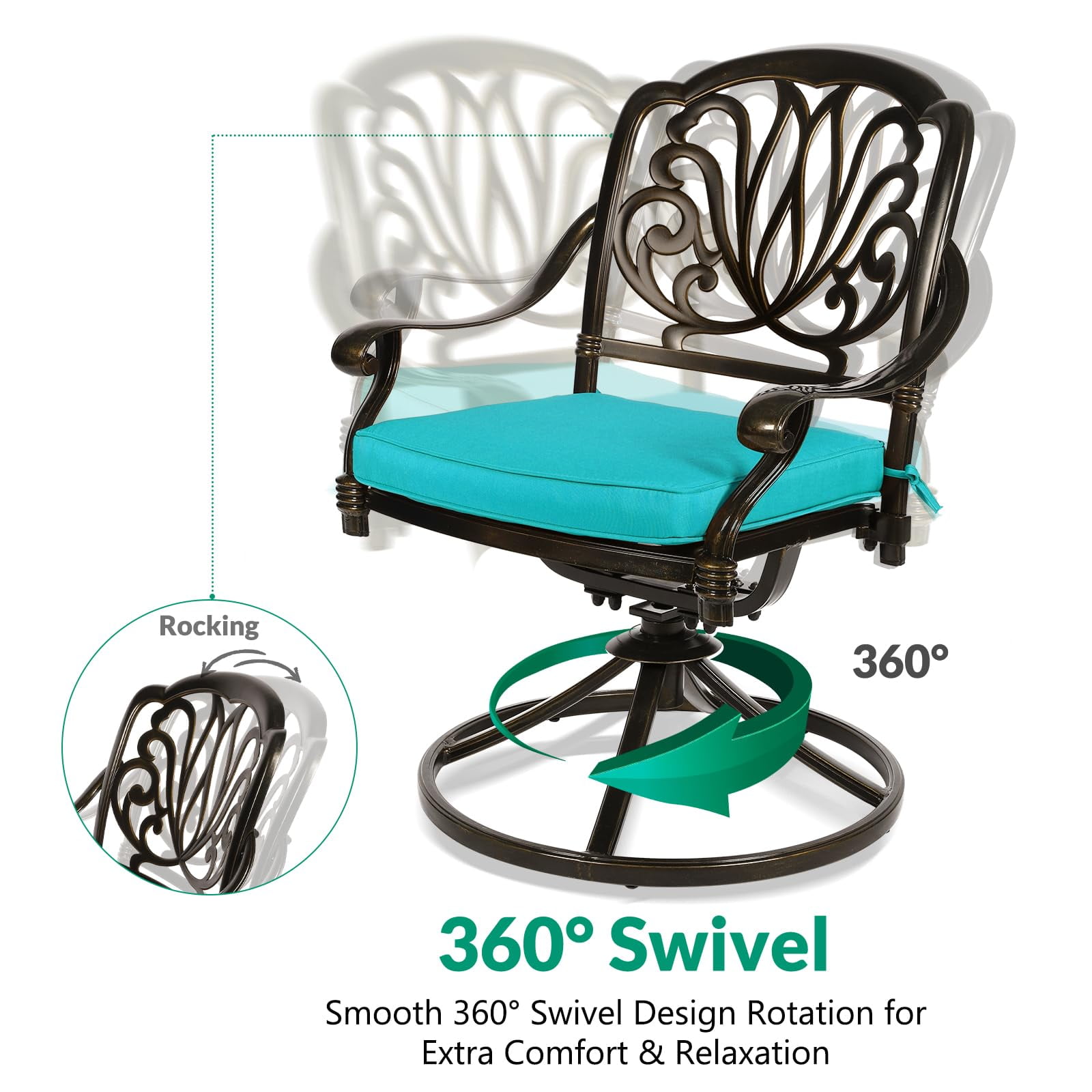 VIVIJASON 9-Piece Outdoor Furniture Dining Set, All-Weather Cast Aluminum Patio Conversation Set, Include 6 Stationary Chairs, 2 Swivel Dining Chairs, Oval Table with Umbrella Hole, Ocean Blue Cushion