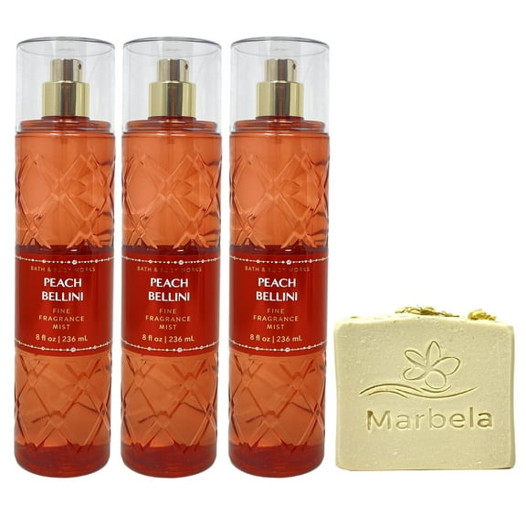 Bath & Body Works Peach Bellini 3 Pack Fragrance Mist Bundle with a Wild Jasmine Bar Soap - Full Size