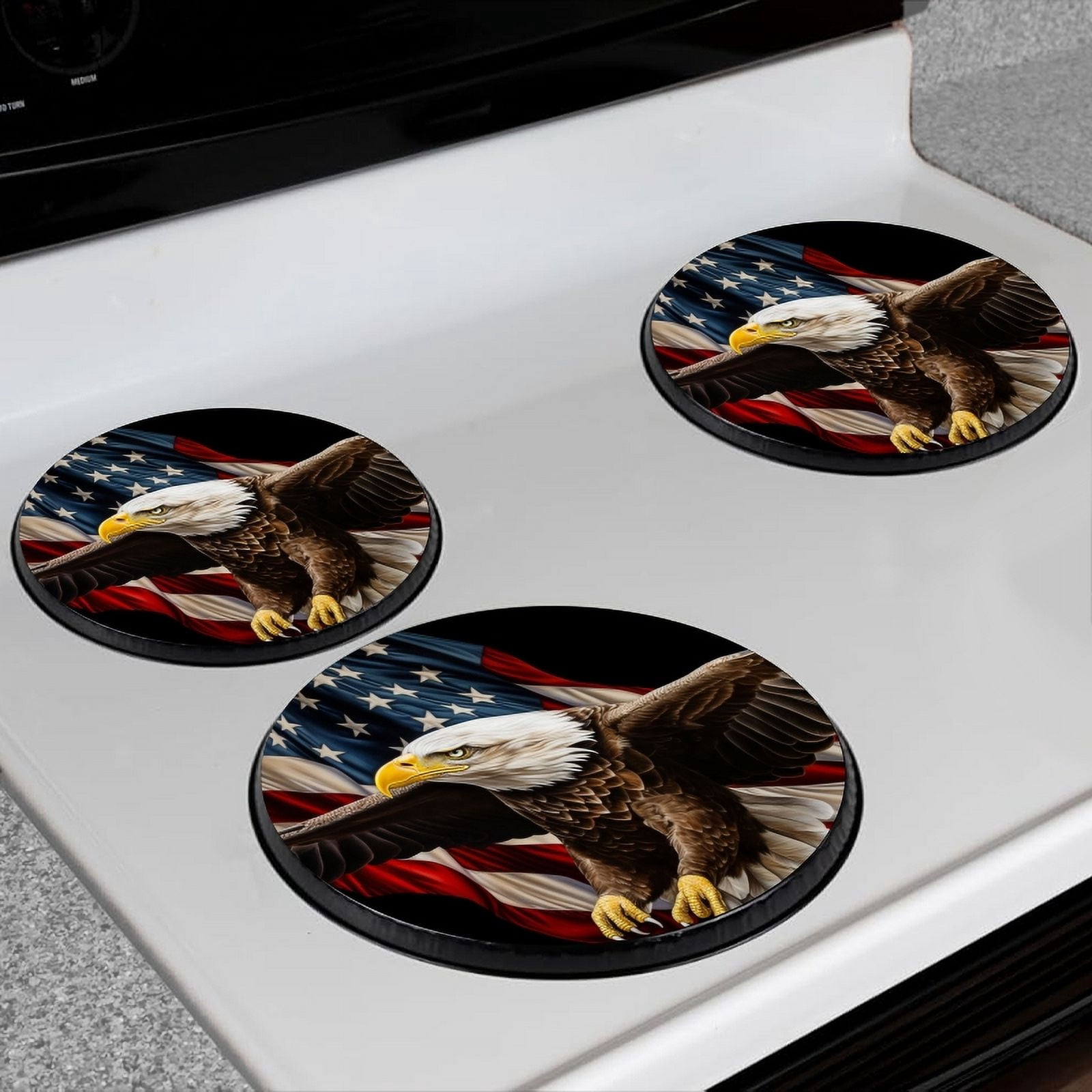 Bahomeck Electric Stove Burner Covers Set Of 4,Realistic Bald Eagle Flying Over American Flag Background Metal Gas Stove Burner Covers,Protecting Gas Stoves,8 Inch And 10 Inch