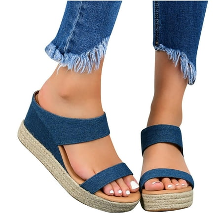 

YWDJ Wedge Sandals for Women Sandals Summer Slipper Open Toe Comfy Breathable Beach Casual Wedges Shoes C-Blue 7