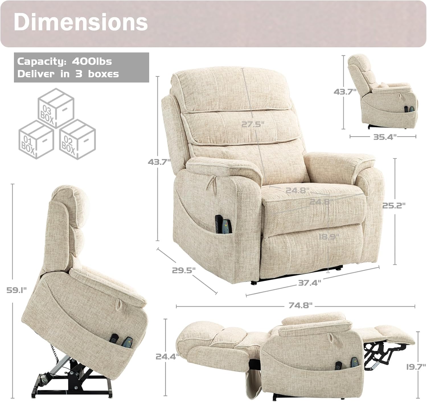 Elderly Power Lift and Heat Recliner with Lumbar Pillow and Cup Holders