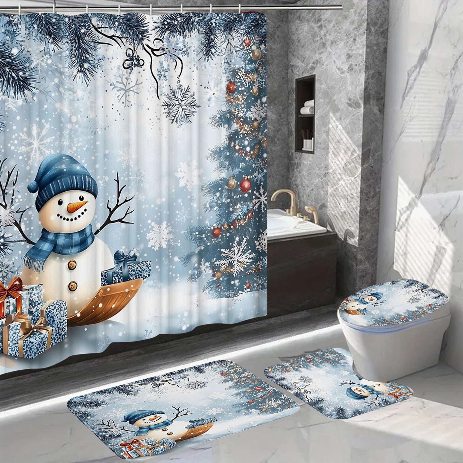 Costeam Christmas Shower Curtain Set with Santa Pattern, Waterproof Bathroom Decor with Holiday Theme for Xmas Party Background Decoration