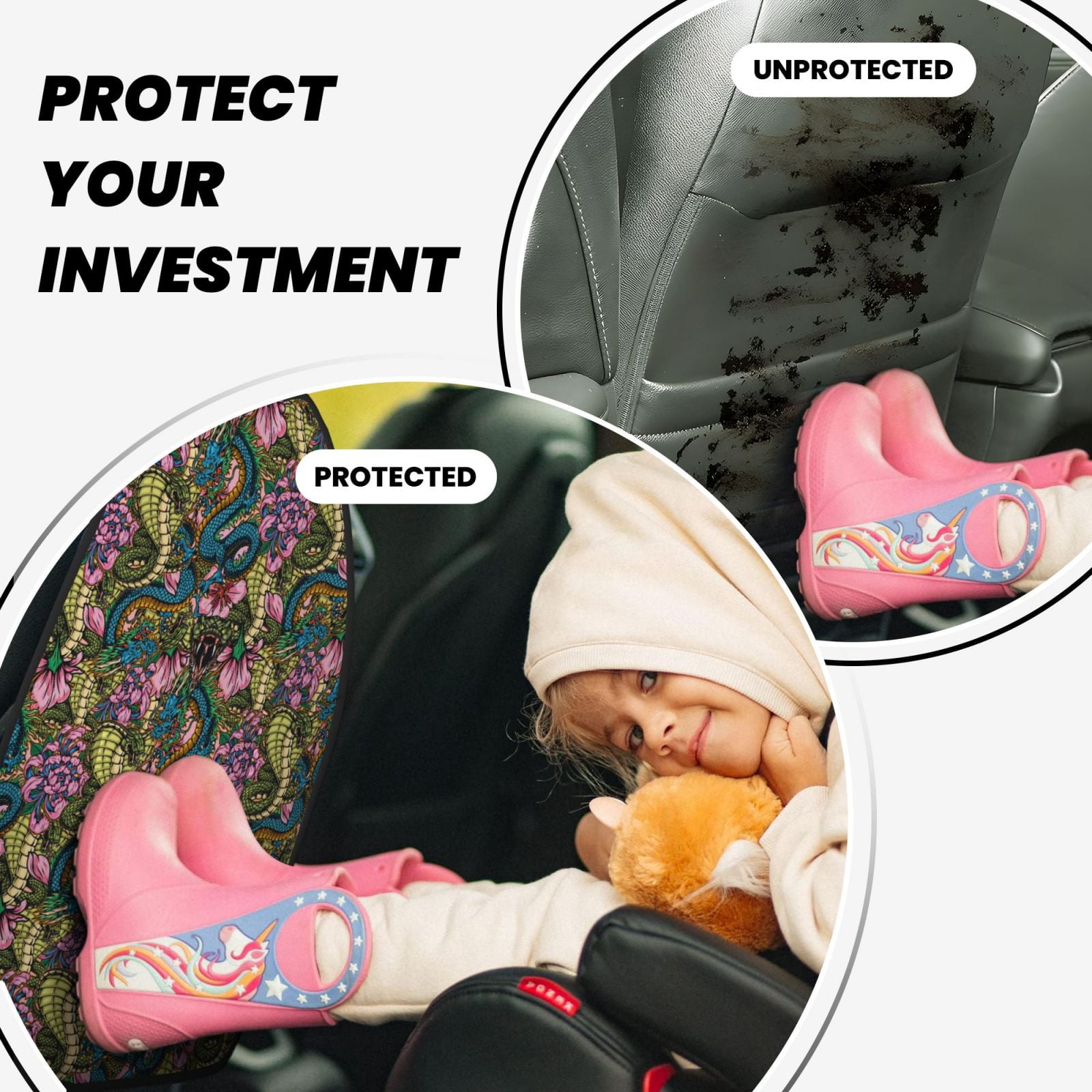 Xecao Snake And Flower Pattern Car Seat Back Protector 2 Pack Large Capacity Pocket, Kick Mats Back Seat Protector