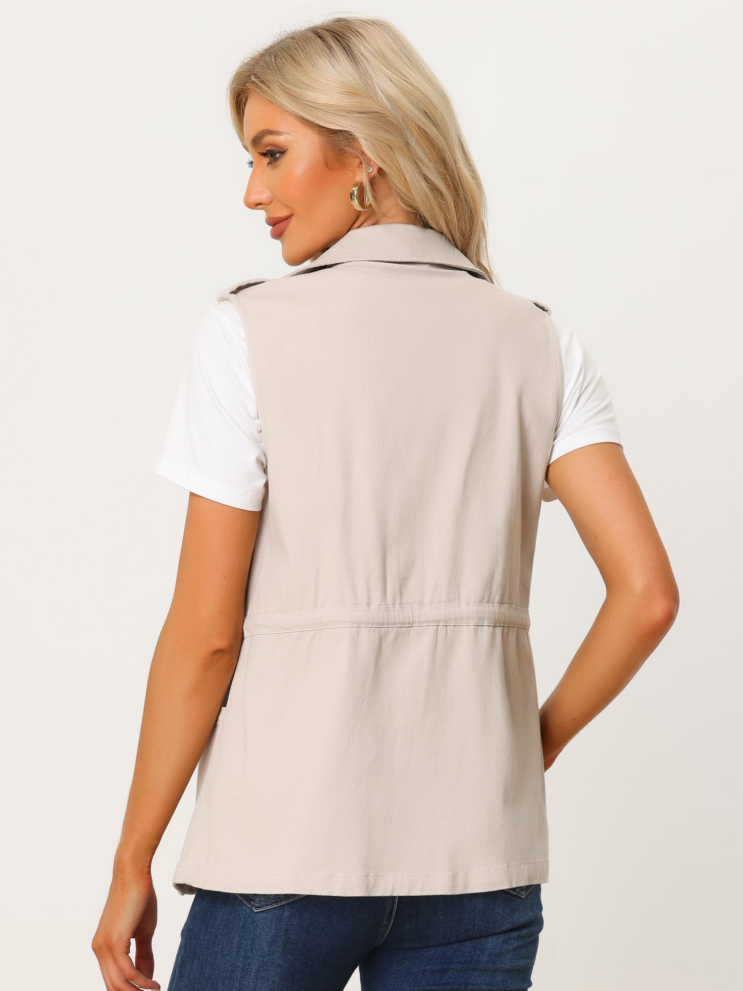 DARING DIVA Women Functional Pockets Drawstring Waist Cargo Vest XL Beige