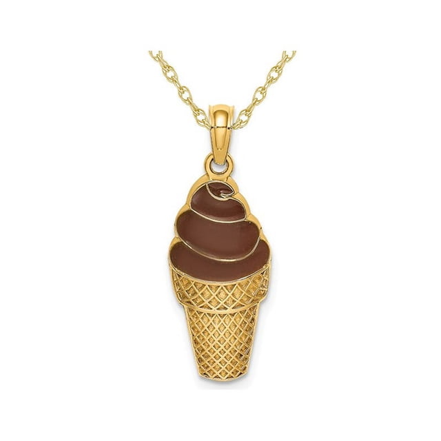 14K Yellow Gold Chocolate Ice Cream Cone Charm Pendant Necklace with Chain