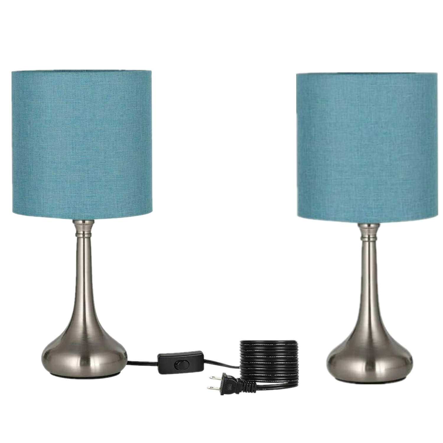 Set of 2 Silver Modern Bedroom Nightstand Lamps with Blue Shade by Oumilen