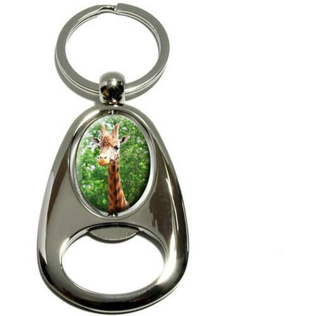 Giraffe Oval Bed Giraffe, African Zoo Animal, Chrome Plated Metal Spinning Oval Design Bottle Opener Keychain Key Ring ()