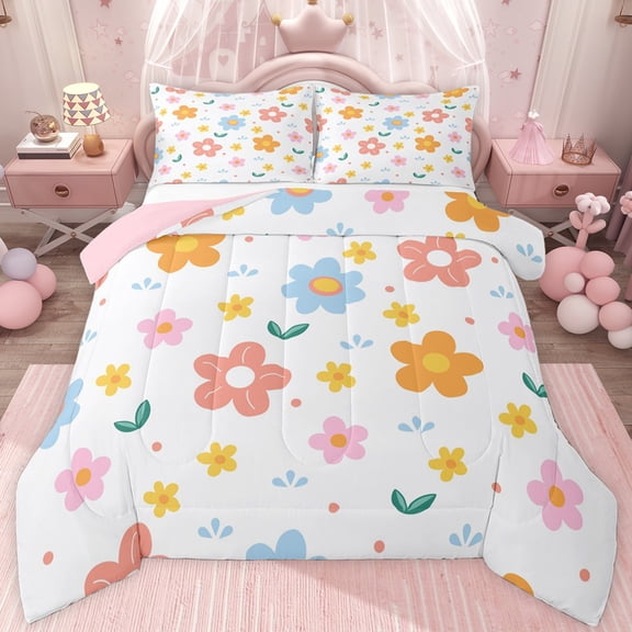 jejeloiu Cute Floral Daisy Twin Comforter Sets,Multicolor Kawaii Flowers Bedding Set For Teens Reversible 2-Piece