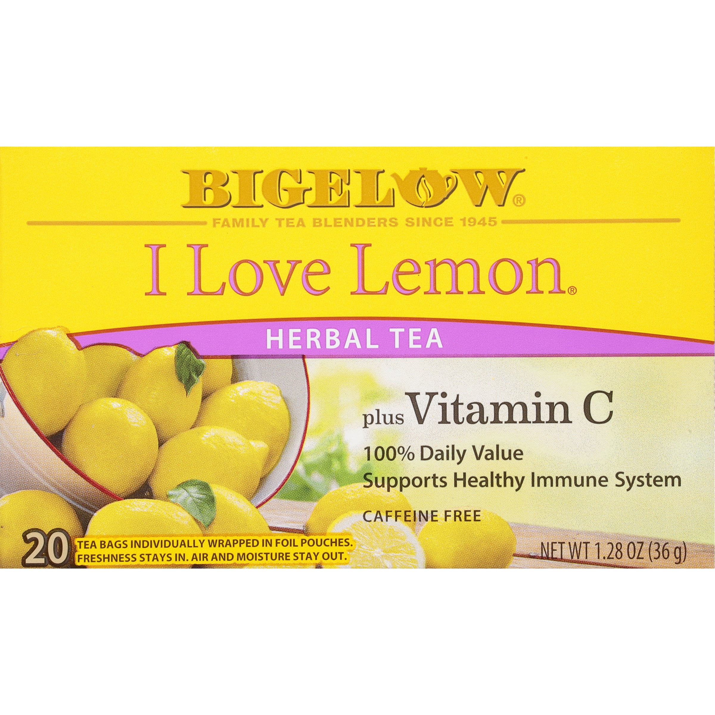 Bigelow I Love Lemon Plus Vitamin C, Caffeine-Free Herbal Tea Bags, 20 Count