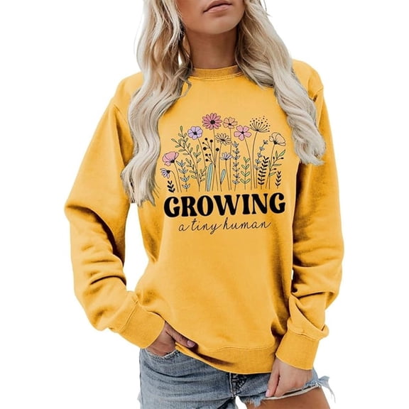 Arlun Growing Crewneck Sweatshirts for Women Funny Cute Graphic Printed Pregnancy Announcement Pullovers Pregnant Mama Long Sleeve Soft Comfortable New Mom Tops Yellow XL