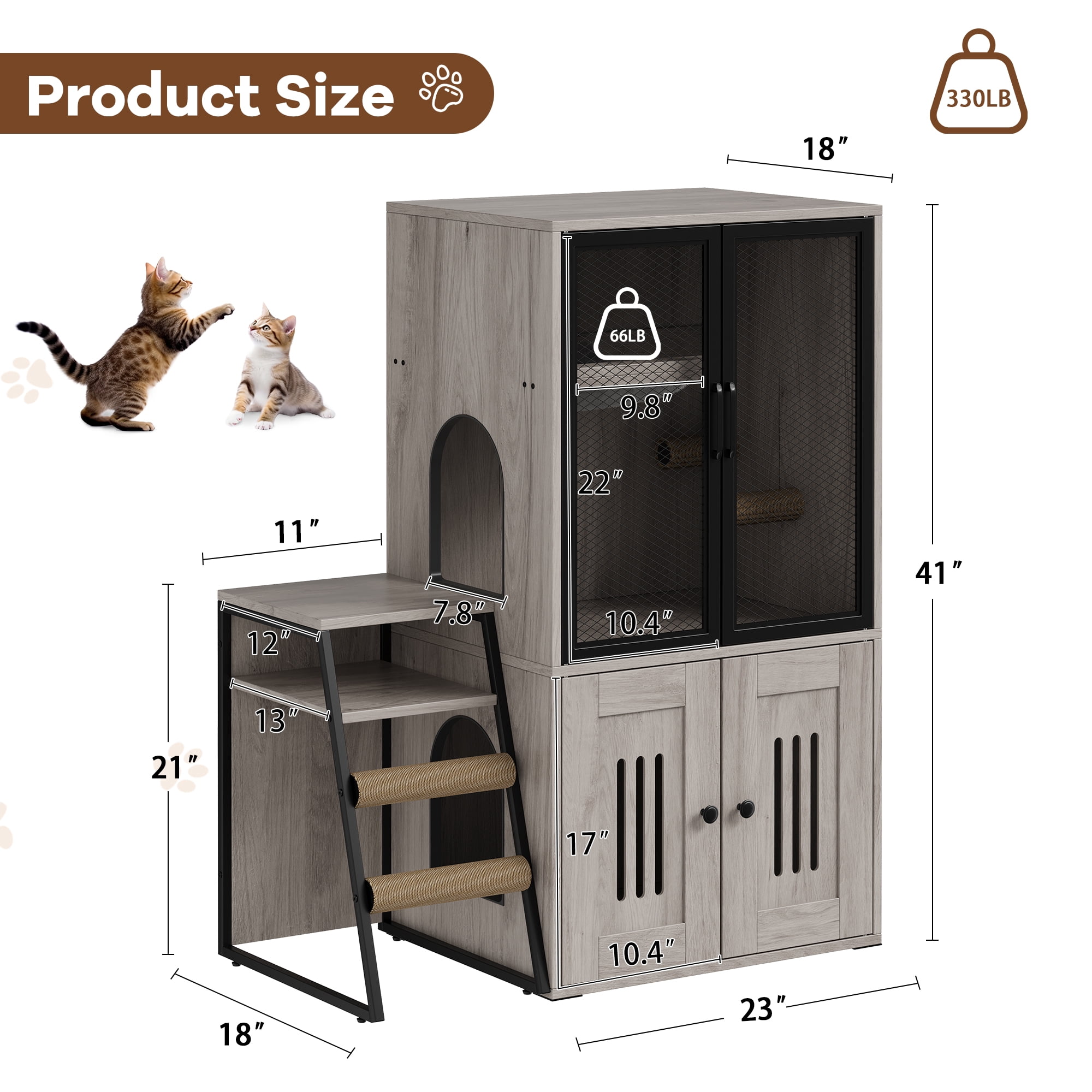 Roromall Cat Litter Box Enclosure for 2 Cats, Double Cat House with Doors & Storage Space, Enclosed Litter Box Furniture with Ladder