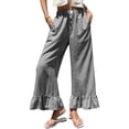 thumbnail image 2 of Womens Summer Plaid Pants Comfy Ruffle Hem Wide Leg Pants Pockets Resort Beach Vacation Lounge Trousers Black S, 2 of 5