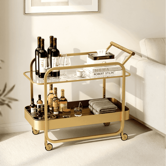 WHIFEA Elegant Luxury Rolling Wine Cart with Tempered Glass Shelves, 2-Tier Beverage Server for Bar, Living Room & Dining Room, Gold