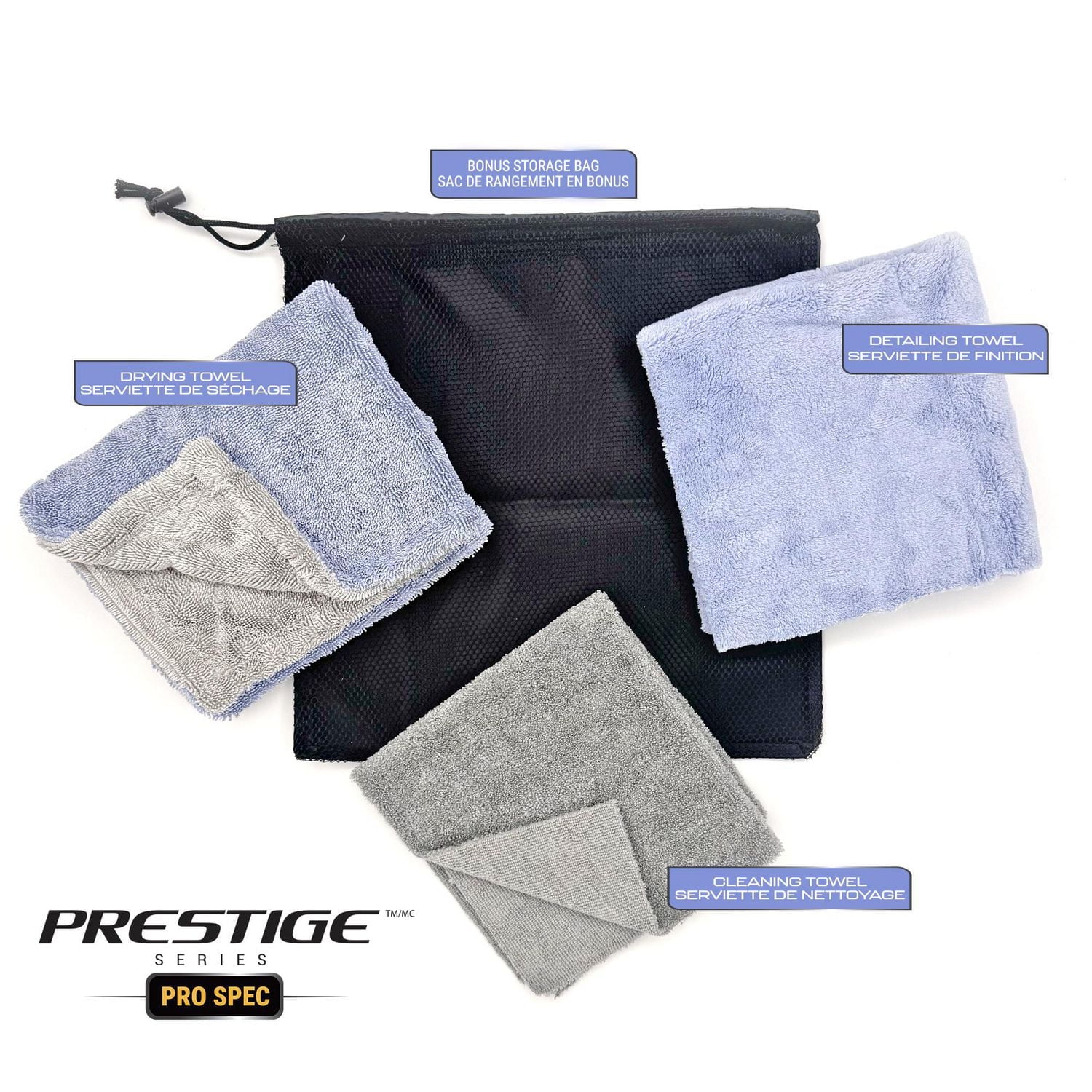 Prestige Series Pro Spec After the Car Wash, Clean, Dry and Detail, 3 Towels, Includes Storage Bag