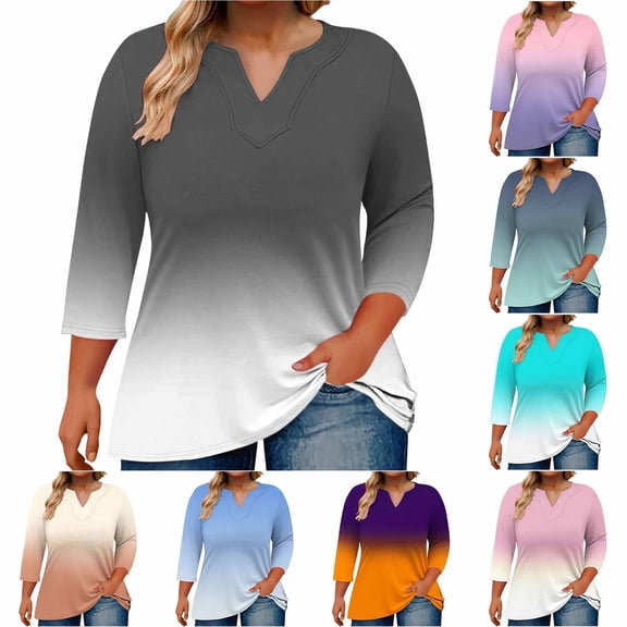 Olyvenn 3/4 Length Sleeve Womens Tops Plus Size Summer Notched V-Neck Oversized Tshirts Gradient Color Blouses Oversized Tops Beige L