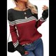 thumbnail image 2 of Suéteres de Otoño para Mujer, con Rayas y Bloques de Color, Cuello Redondo, Suéteres de Moda para Invierno. Vino Tinto XL, 2 of 5