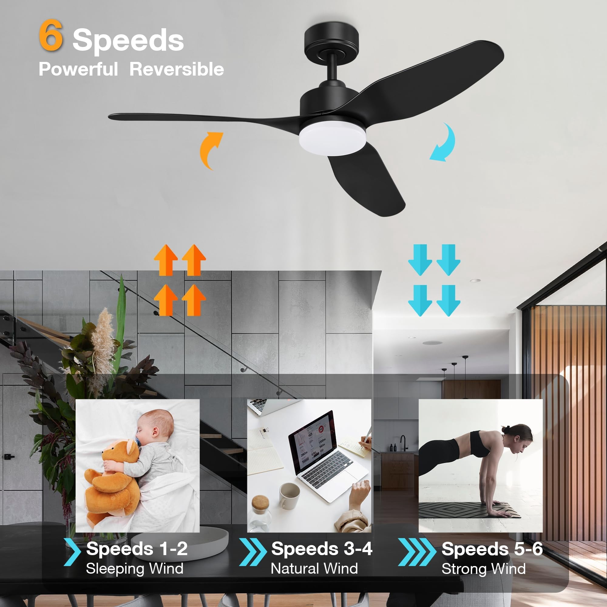 48" Smart Ceiling Fans with LED Lights Remote,Quiet DC Motor,Dimmable,Outdoor Indoor Modern Ceiling Fan Controlled by WIFI Alexa App,3 Black Blades for Bedroom Living Room Patio Porch