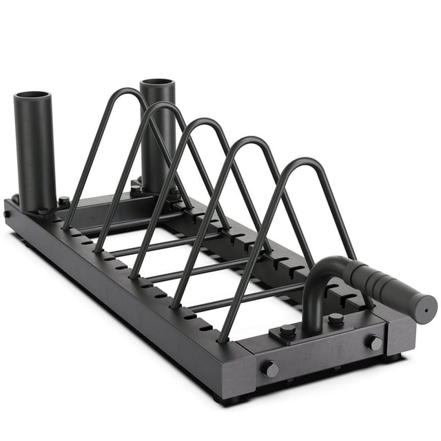 Synergee Horizontal Plate Storage Rack with Barbell Holders – Interchangeable Dividers, 350 lb Capacity, Fits Bumper & Cast Iron Plates, Wheels for Easy Mobility
