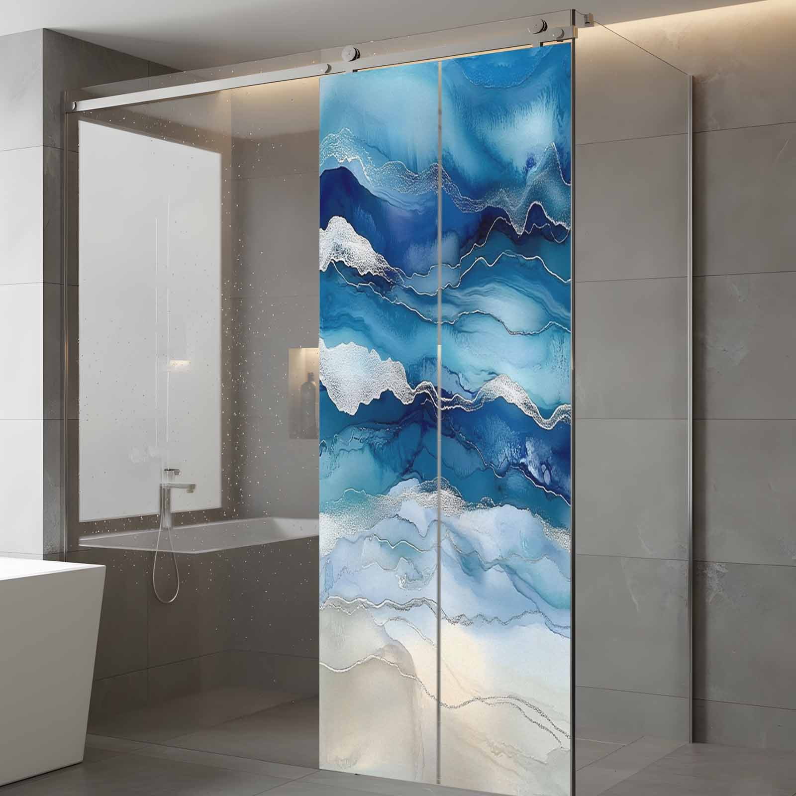 Ocean Waves Window Privacy Film, Gradient Blue White Marble Waves Frosted Glass Window Clings Static Cling UV Heat Blocking Reusable Door Sticker for Bathroom 23.6 x 59 Inch