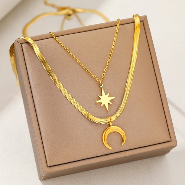 Collares De Acero Inoxidable Nuevo Diseño Luna Estrella Serpiente Hoja Multicapa Cadena Exquisito Sentido Gargantilla Para Mujer Joyería