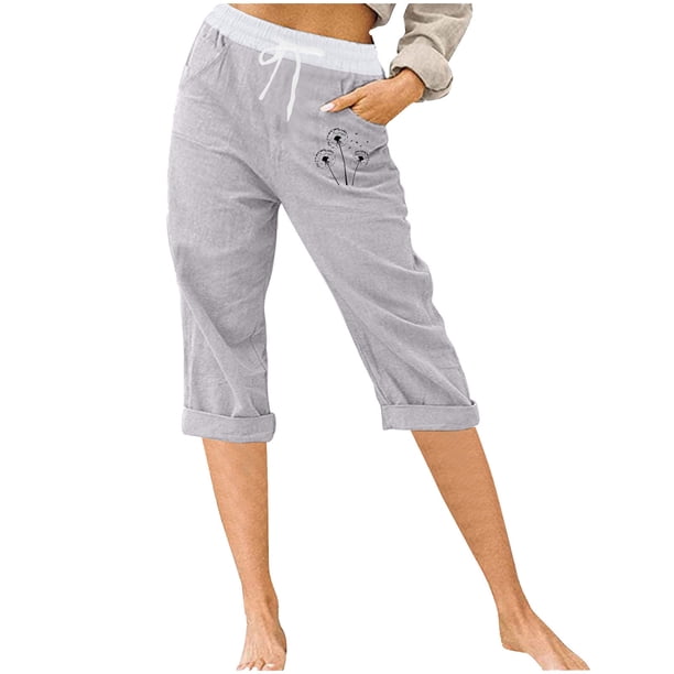 Pantalones Elásticos de Cintura para Mujeres Capris de Salida Casual Sólido con Bolsillos, Capris de Mujer para el Verano