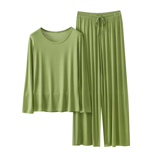yoeyez Ensembles de Détente pour Femmes Pyjamas en Modal à Manches Longues 2 Pcs Hauts à Col Ras du Cou à Enfiler et Pantalons à Jambes Larges Ensembles de Détente Pjs Vert,m