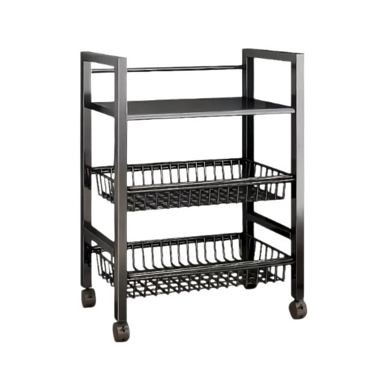 3-Tier Kichen Storage Shelf with Wire Baskets, Multifunctional Utility Serving Cart Kitchen Organizer Rack with Pulley for Vegetable Fruit Storage