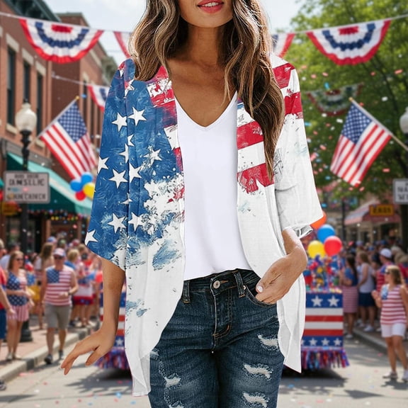 Gamivast Patriotic Cardigans for Women Star Print Open Front 3/4 Sleeve Loose Fit Western Tops Lightweight Kimono Cardigan 3/4 Sleeve Vacation Beach Wear outfits